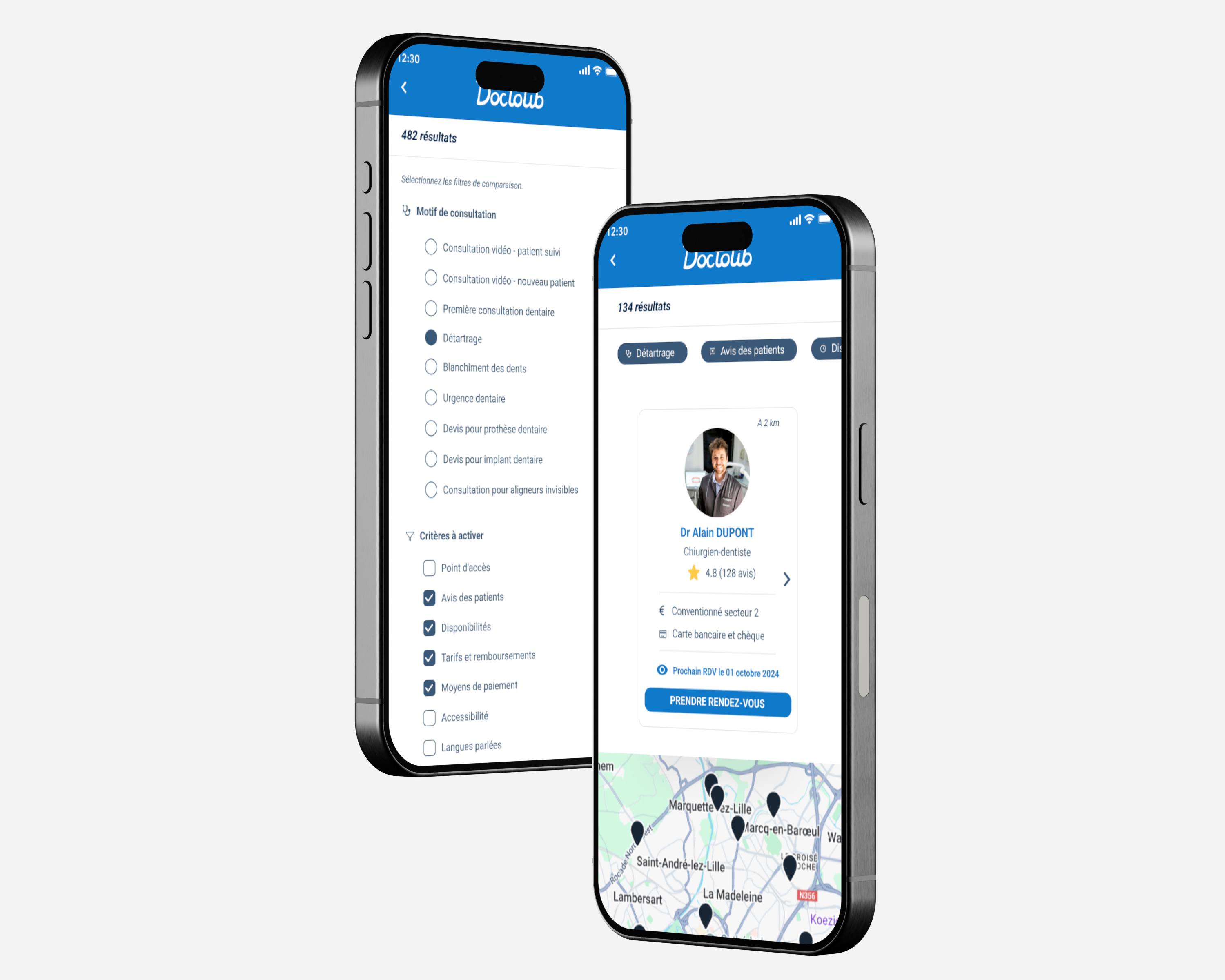 Mockup mobile de l'outil de comparaison doctolib