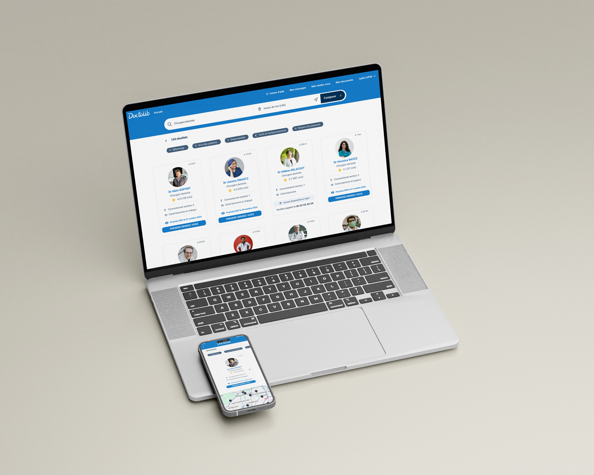 Mockup de l'outil de comparaison sur Doctolib